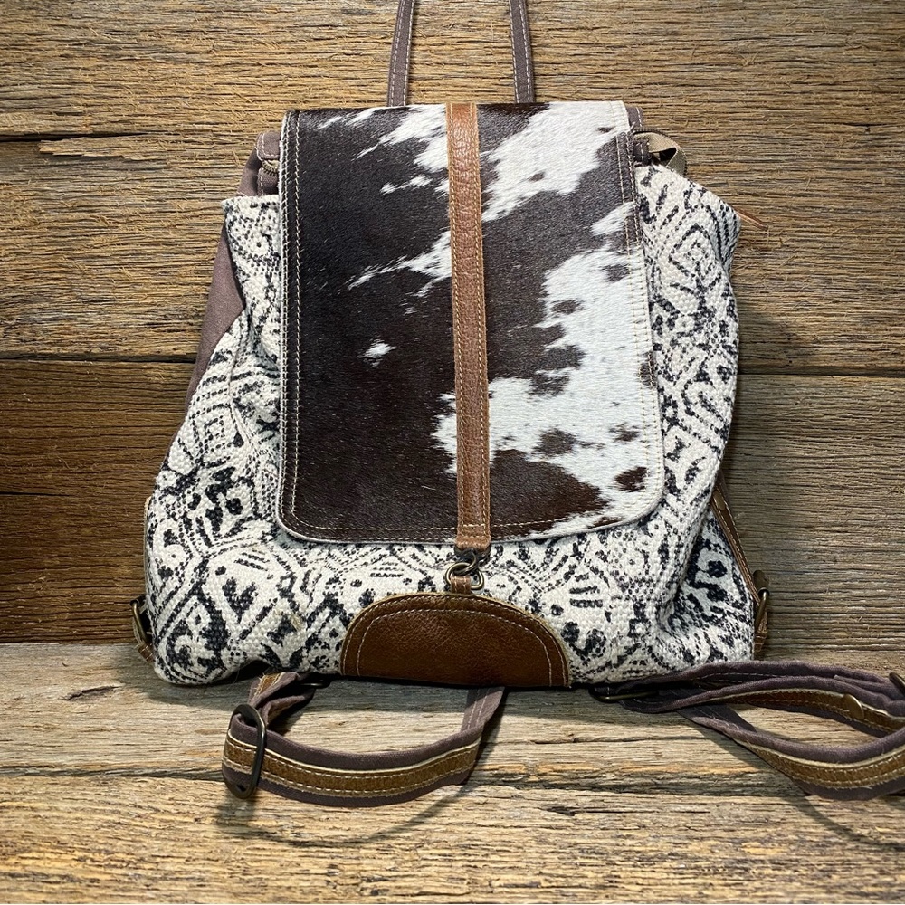 Myra Bag Brown & White Patterned Leather-Trim Backpack